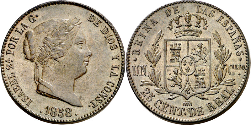 1858. Isabel II. Segovia. 25 céntimos de real. (AC. 191). Bella. 10,24 g. S/C-. ...