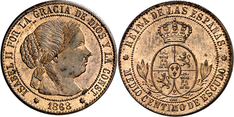 1868. Isabel II. Sevilla. OM. 1/2 céntimo de escudo. (AC. 212). Bella. Brillo or...