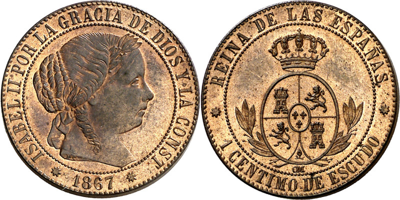 1867. Isabel II. Barcelona. OM. 1 céntimo de escudo. (AC. 215). Bella. Pleno bri...