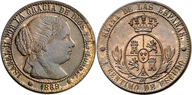 1868. Isabel II. Barcelona. OM. 1 céntimo de escudo. (AC. 216). 2,54 g. S/C-. 
...