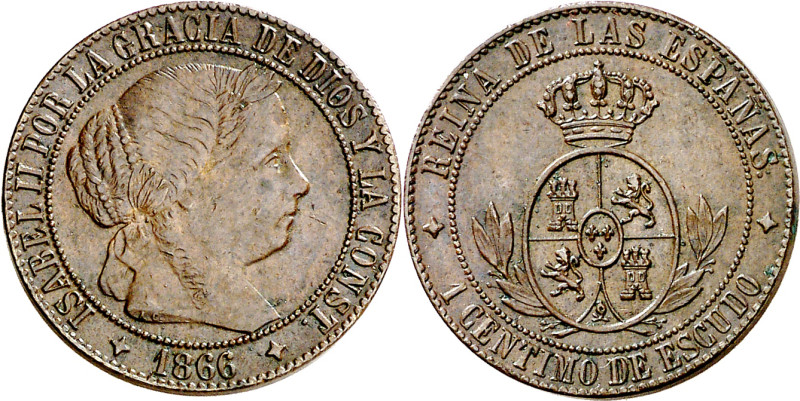 1866. Isabel II. Jubia. 1 céntimo de escudo. (AC. 217) (C. & N. 162). Sin OM. Es...