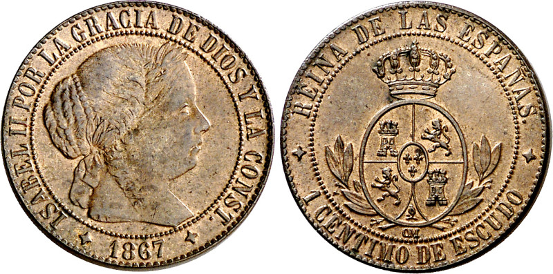 1867. Isabel II. Jubia. OM. 1 céntimo de escudo. (AC. 219) (C. & N. 164). Bella....