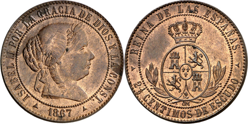 1867. Isabel II. Segovia. OM. 2 1/2 céntimos de escudo. (AC. 240). Bella. Brillo...