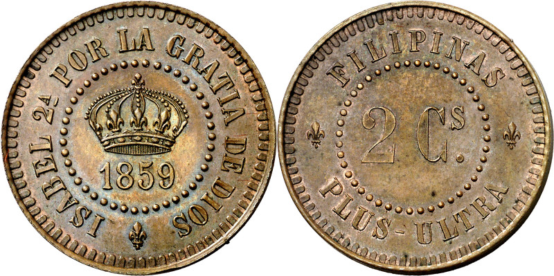 1859. Isabel II. Manila. 2 centavos. (AC. 263) (Basso 74) (KM. Pn13). Prueba no ...