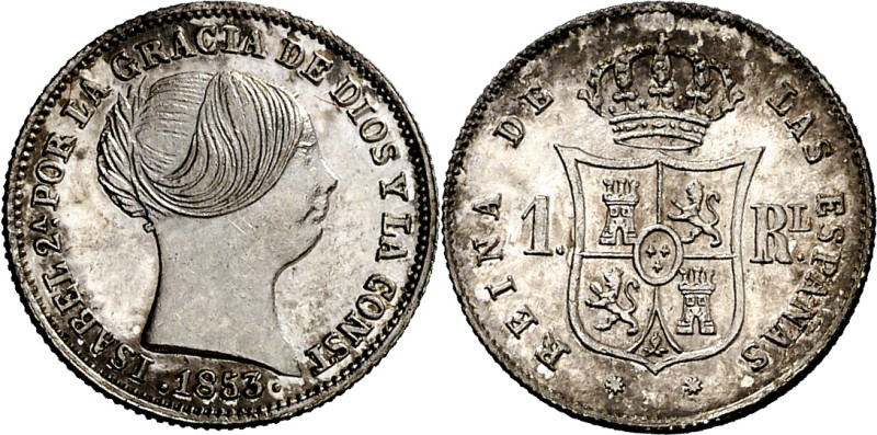 1853. Isabel II. Barcelona. 1 real. (AC. 276). Muy bella. Escasa así. 1,37 g. S/...