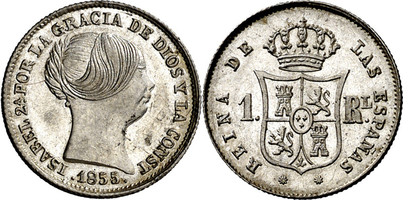 1855. Isabel II. Barcelona. 1 real. (AC. 279). Muy bella. Brillo original. Escas...