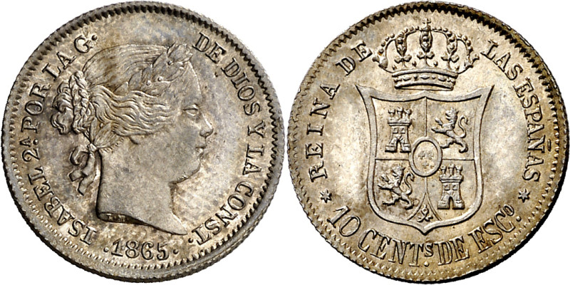 1865. Isabel II. Madrid. 10 céntimos de escudo. (AC. 338). Bellísima. Brillo ori...