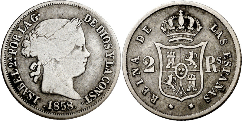 1858. Isabel II. Barcelona. 2 reales. (AC. 349). Rarísima. 2,61 g. MBC-/MBC. 
...