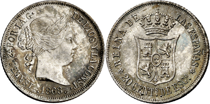 1868*68. Isabel II. Madrid. 20 céntimos de escudo. (AC. 407). 2,64 g. EBC-. Ex Á...