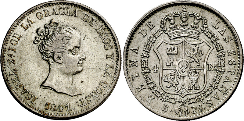 1841. Isabel II. Barcelona. PS. 4 reales. (AC. 415). Busto grande. Rara así. 5,8...