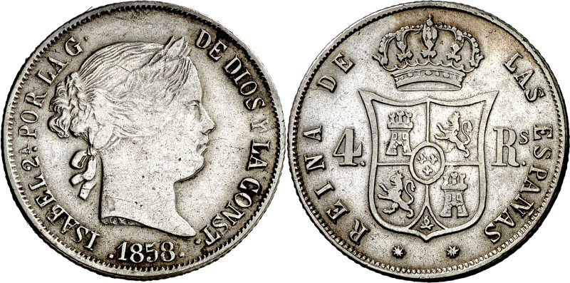 1858. Isabel II. Barcelona. 4 reales. (AC. 430). Rarísima. 5,07 g. MBC/MBC+. 
...