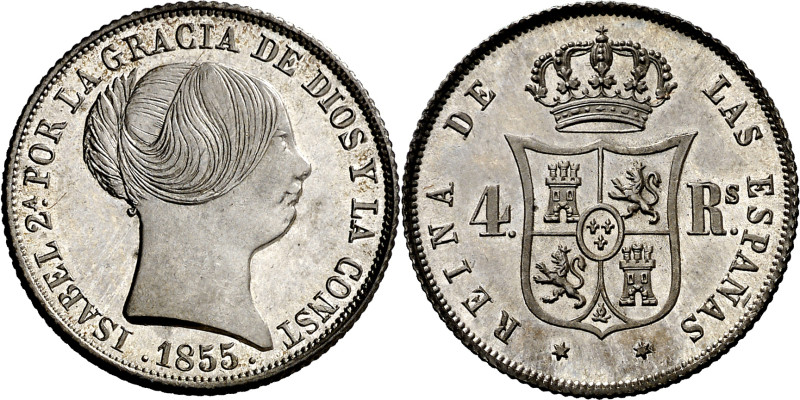 1855. Isabel II. Madrid. 4 reales. (AC. 460). Bellísima. Brillo original. Rara a...