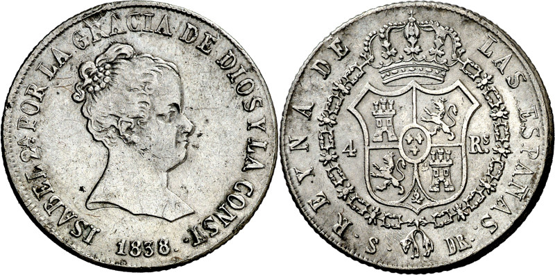 1838. Isabel II. Sevilla. DR. 4 reales. (AC. 474). Rara. 5,92 g. MBC+. 

1838....