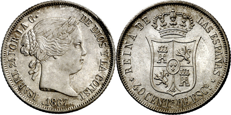 1867. Isabel II. Madrid. 40 céntimos de escudo. (AC. 502). Bella. 5,27 g. EBC+/S...