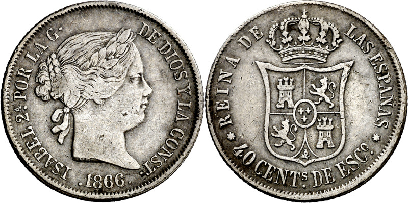 1866. Isabel II. Sevilla. 40 céntimos de escudo. (AC. 505). 5,08 g. MBC. 

186...