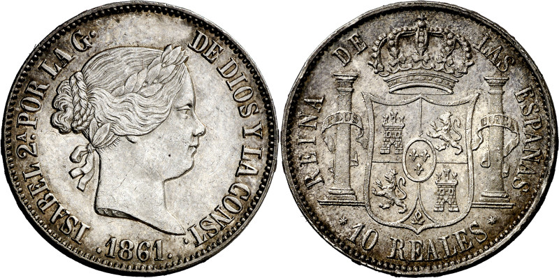 1861. Isabel II. Sevilla. 10 reales. (AC. 560). Bella. Brillo original. Muy rara...