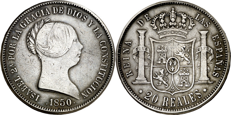 1850. Isabel II. Barcelona. 20 reales. (AC. 569). Dos hojitas en reverso. Pátina...