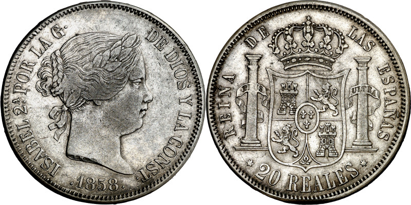 1858. Isabel II. Madrid. 20 reales. (AC. 615). 26,01 g. MBC+. 

1858. Isabel I...