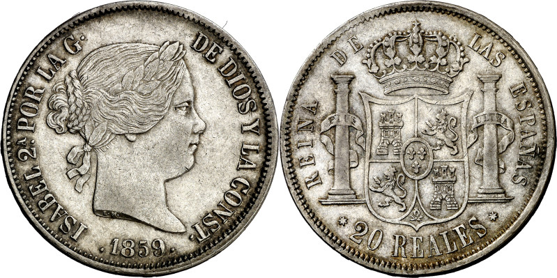 1859. Isabel II. Sevilla. 20 reales. (AC. 636). Muy escasa. 25,90 g. EBC-. 

1...