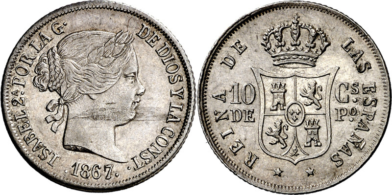 1867/6. Isabel II. Manila. 10 centavos. (AC. 653) (Basso 50a) (KM. 145). Rara as...