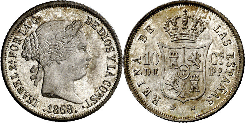 1868. Isabel II. Manila. 10 centavos. (AC. 656) (Basso 50) (KM. 145). Muy bella....