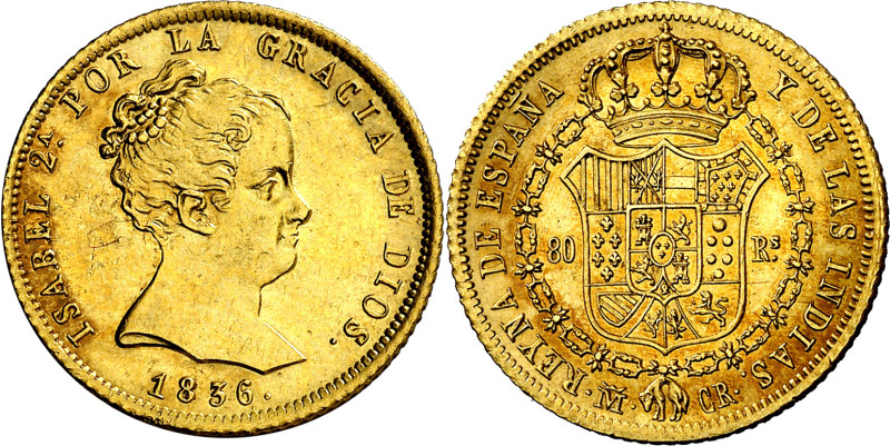 1836. Isabel II. Madrid. CR. 80 reales. (AC. 721). Bella. Rara así. 6,78 g. EBC+...