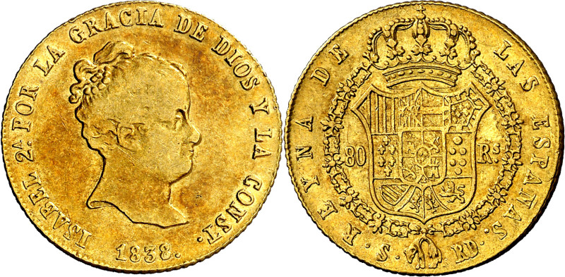 1838/7. Isabel II. Sevilla. RD. 80 reales. (AC. 741). Rara. 6,77 g. MBC/MBC+. 
...