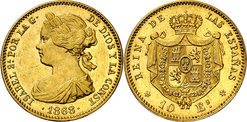 1868*1873. I República. 10 escudos. (AC. 41). A nombre de Isabel II. Bella. 8,39...