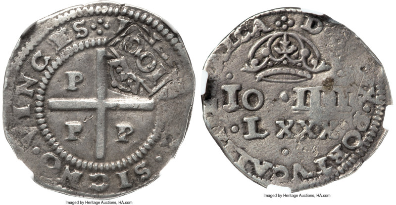 Afonso VI Counterstamped 100 Reis ND (1663) AU53 NGC, KM27, LMB-20. Crowned "100...