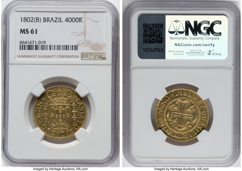 Maria I gold 4000 Reis 1802(B) MS61 NGC, Bahia mint, KM225.2, LMB-500. A firmly ...