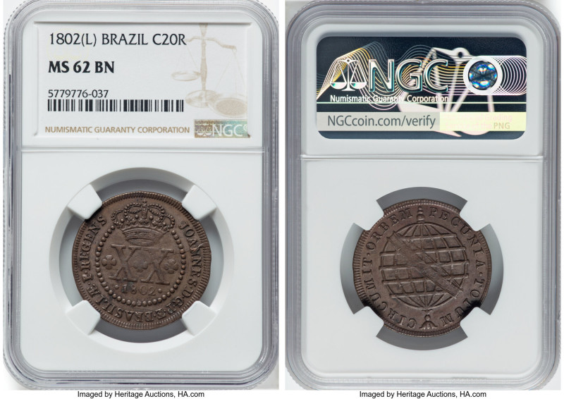 João Prince Regent 20 Reis 1802-(L) MS62 Brown NGC, Lisbon mint, KM233.1, LMB-37...