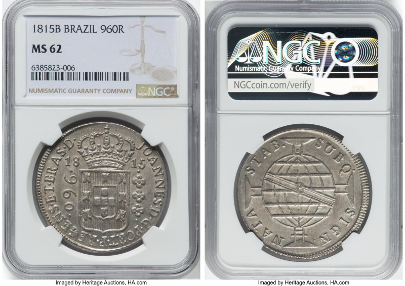 João Prince Regent 960 Reis 1815-B MS62 NGC, Bahia mint, KM307.1, LMB-400. Overs...