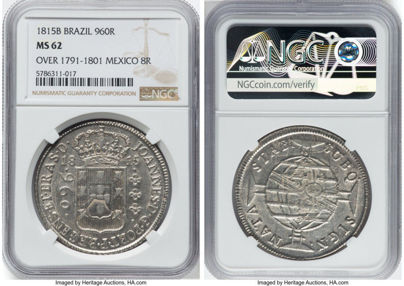 João Prince Regent 960 Reis 1815-B MS62 NGC, Bahia mint, KM307.1, LMB-400. Overs...