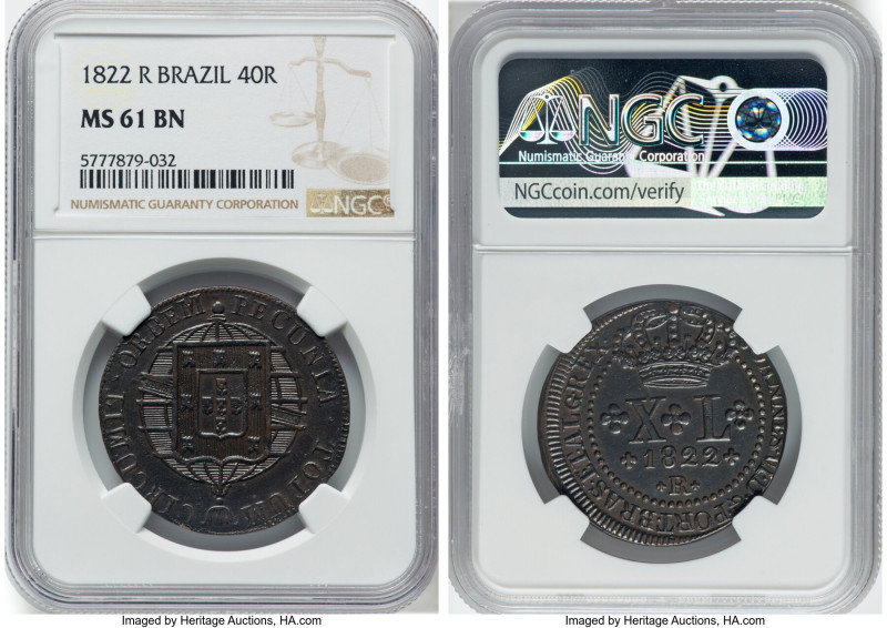 Joao VI 40 Reis 1822-R MS61 Brown NGC, Rio de Janeiro mint, KM319.1, LMB-519. St...