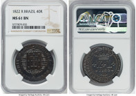 Joao VI 40 Reis 1822-R MS61 Brown NGC, Rio de Janeiro mint, KM319.1, LMB-519. Struck slightly off-center, steeped in cordovan-baby blue gloss. From th...