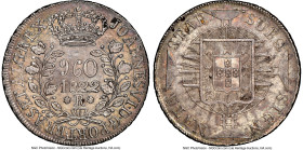 Joao VI 960 Reis 1822-R AU55 NGC, Rio de Janeiro mint, KM326.1, LMB-480. Overstruck on an Argentina "Sun Face" 8 Reales. From the Sant'Anna Collection...