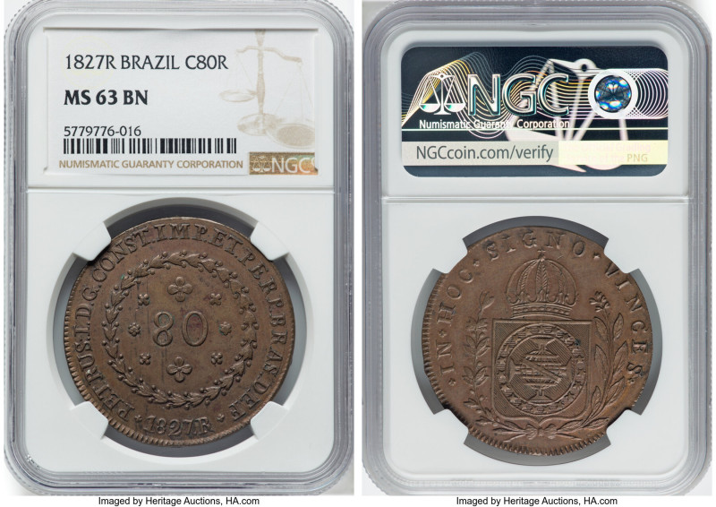 Pedro I 80 Reis 1827-R MS63 Brown NGC, Rio de Janeiro mint, KM366.1, LMB-617. A ...