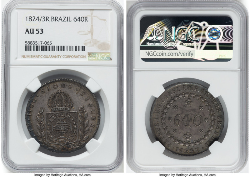 Pedro I 640 Reis 1824/3-R AU53 NGC, Rio de Janeiro mint, KM367, cf. LMB-500 (ove...