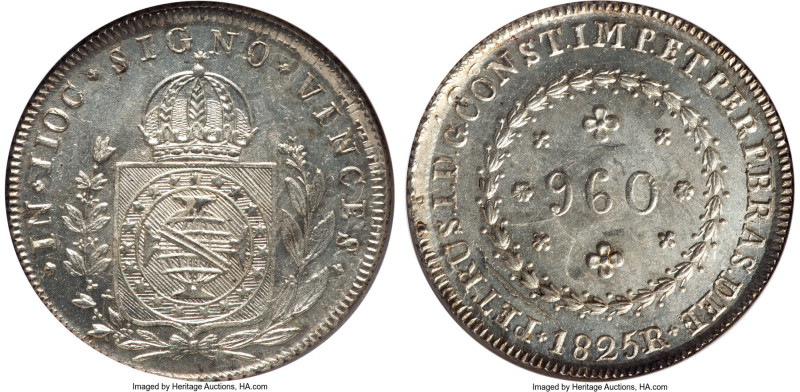 Pedro I 960 Reis 1825-R MS65 NGC, Rio de Janeiro mint, KM368.1, LMB-506. Overstr...