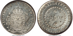 Pedro I 960 Reis 1825-R MS65 NGC, Rio de Janeiro mint, KM368.1, LMB-506. Overstruck on a Spanish Colonial 8 Reales 1807. A frosty Gem. From the Sant'A...