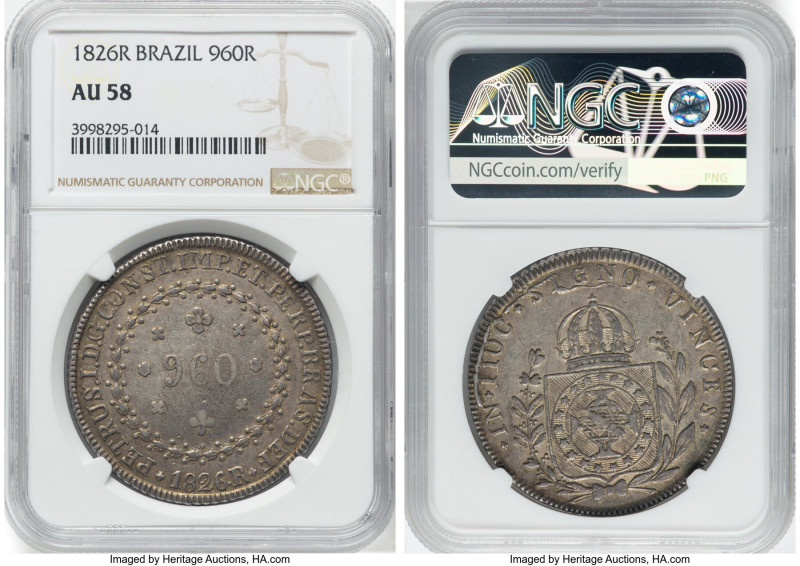 Pedro I 960 Reis 1826-R AU58 NGC, Rio de Janeiro mint, KM368.1, LMB-507. Overstr...