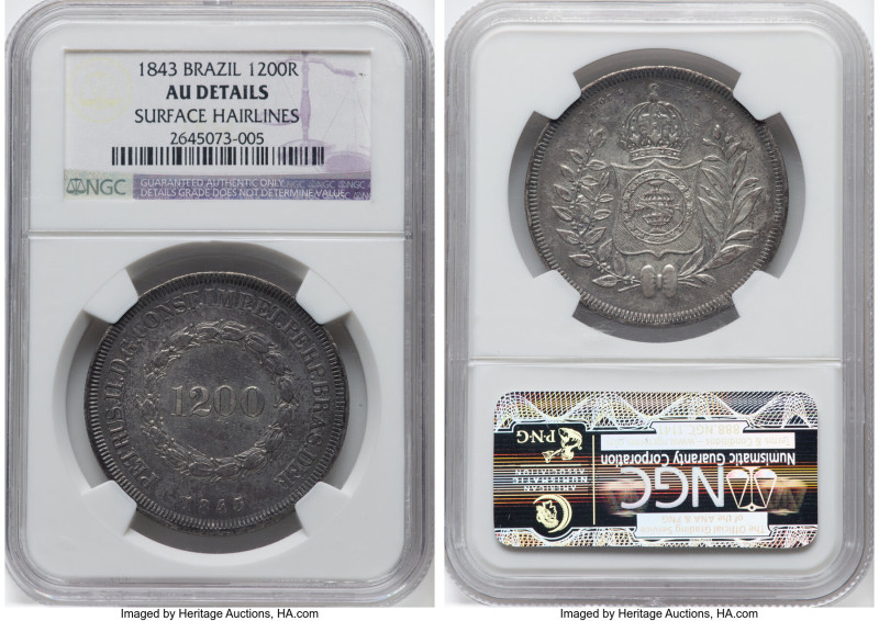 Pedro II 1200 Reis 1843 AU Details (Surface Hairlines) NGC, Rio de Janeiro mint,...