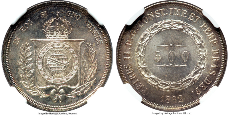 Pedro II 500 Reis 1862 MS66+ NGC, Rio de Janeiro mint, KM464, LMB-595. A show-st...