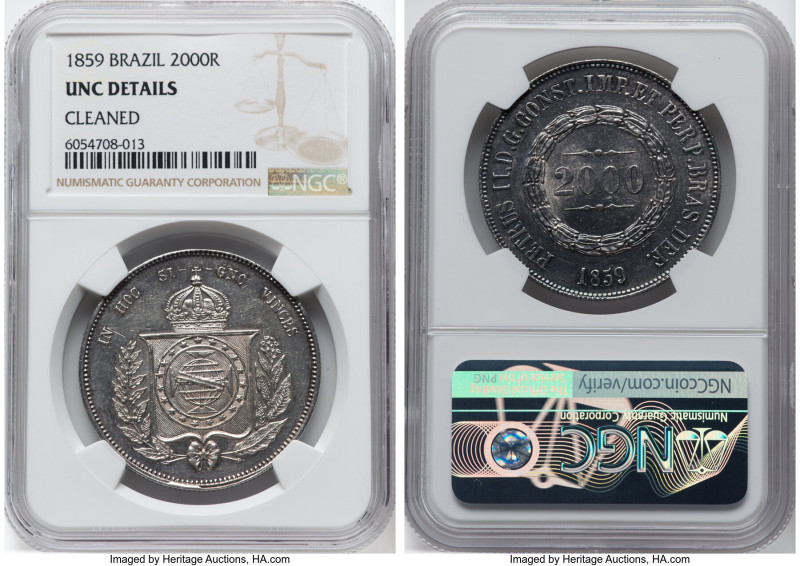 Pedro II 2000 Reis 1859 UNC Details (Cleaned) NGC, Rio de Janeiro mint, KM466, L...