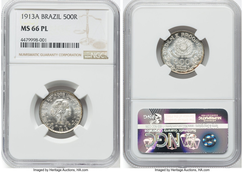 Republic 500 Reis 1913-A MS66 Prooflike NGC, KM512, LMB-709. Loose stars variety...