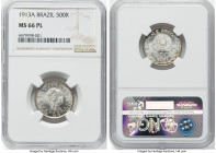 Republic 500 Reis 1913-A MS66 Prooflike NGC, KM512, LMB-709. Loose stars variety. The only representative out of 163 examples currently at NGC to rece...