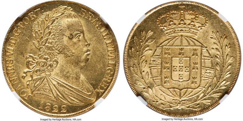 João VI gold 6400 Reis (Peça) 1822 MS63 NGC, Lisbon mint, KM364. Sharp detailing...