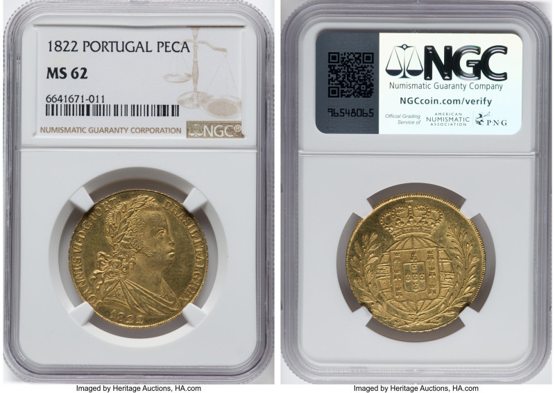 João VI gold 6400 Reis (Peça) 1822 MS62 NGC, Lisbon mint, KM364. A well preserve...