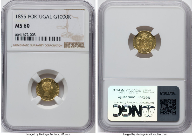 Pedro V gold 1000 Reis 1855 MS60 NGC, KM495, Gomes-09.01. One year type. From th...