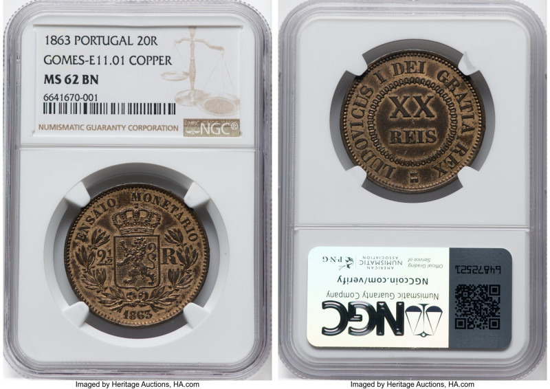 Luiz I copper Pattern 20 Reis 1863 MS62 Brown NGC, KM-Pn135, Gomes-E11.01. From ...